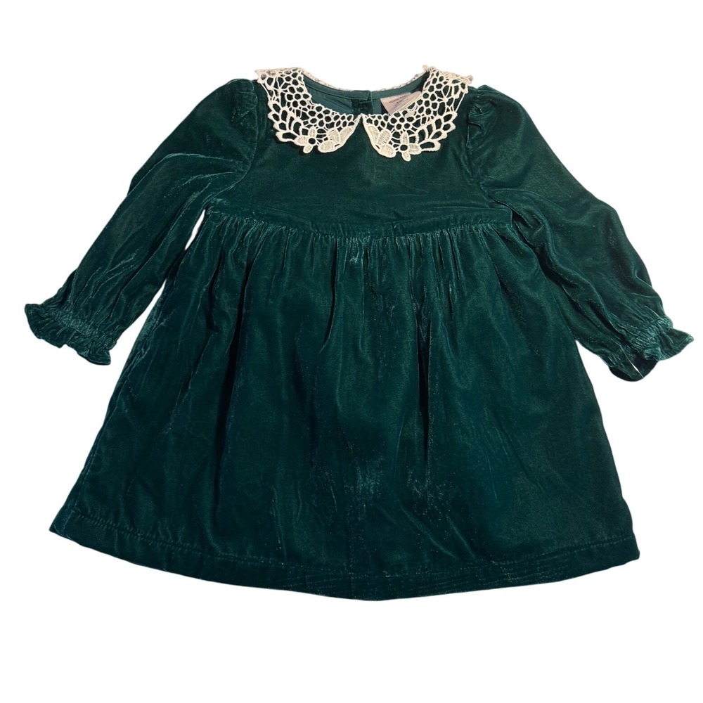 NWT Nordstrom Baby Girl Green Velvet Lace Collar Dress Bloomers Set‎ 24 Months